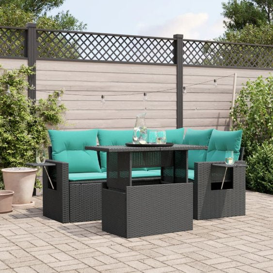5-teiliges Gartensofa-Set mit Kissen, schwarzes Polyrattan