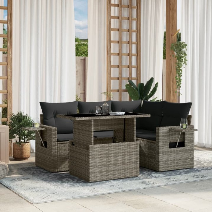 5-tlg. Garten-Sofagarnitur mit Kissen Schwarz Poly Rattan