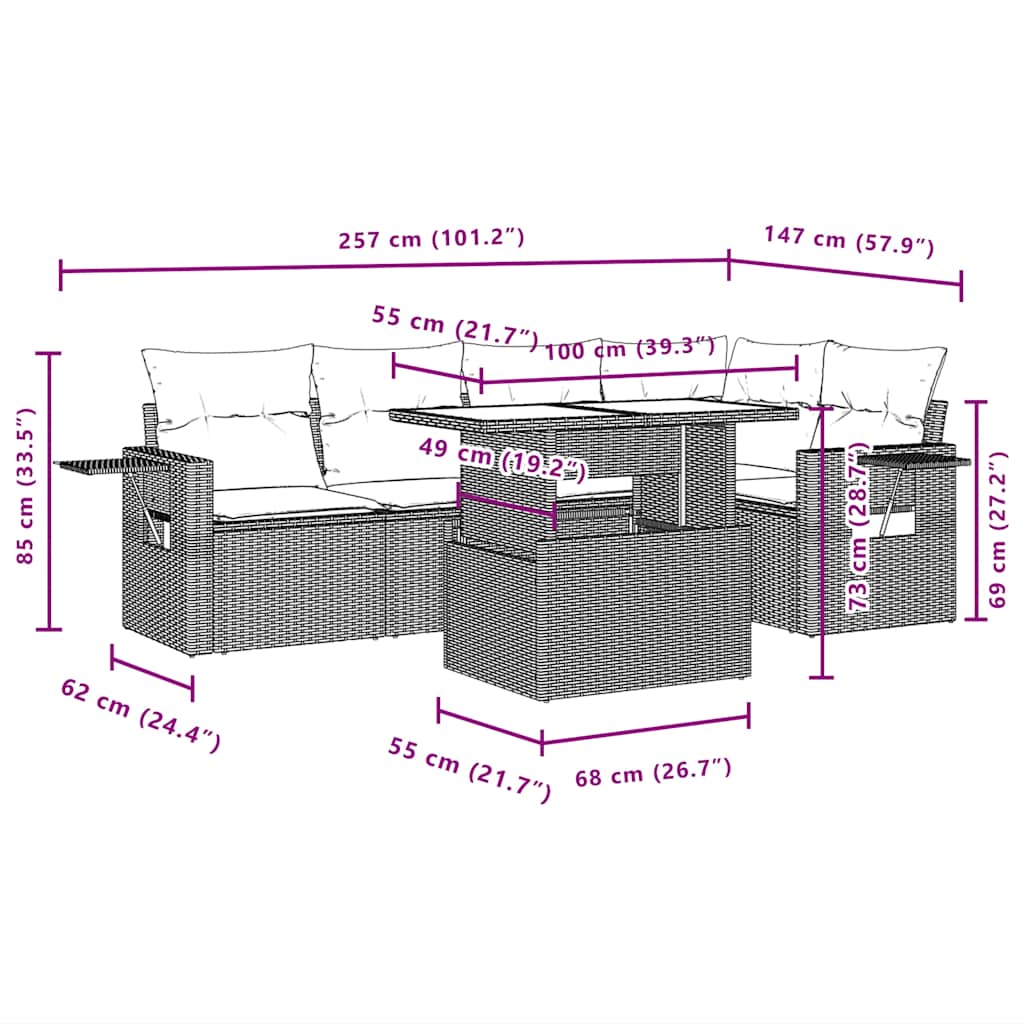 6-teiliges Gartensofa-Set mit Kissen, schwarzes Polyrattan