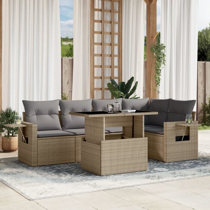 6-tlg. Garten-Sofagarnitur mit Kissen Schwarz Poly Rattan