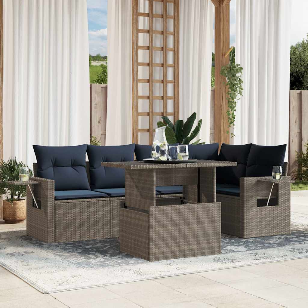 6-teiliges Gartensofa-Set mit Kissen, schwarzes Polyrattan