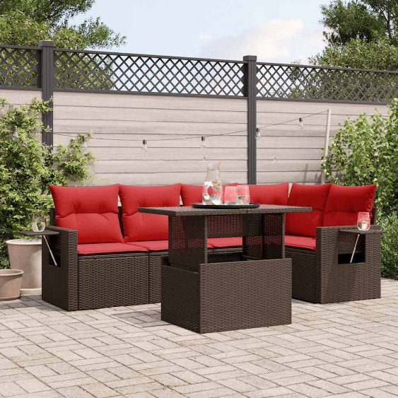 6-teiliges Gartensofa-Set mit Kissen, schwarzes Polyrattan