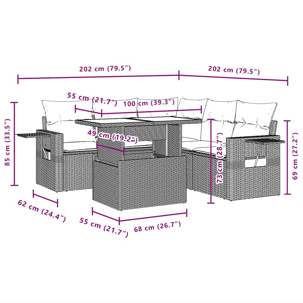 6-teiliges Gartensofa-Set mit Kissen, schwarzes Polyrattan