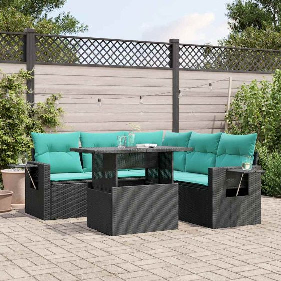 6-teiliges Gartensofa-Set mit Kissen, schwarzes Polyrattan