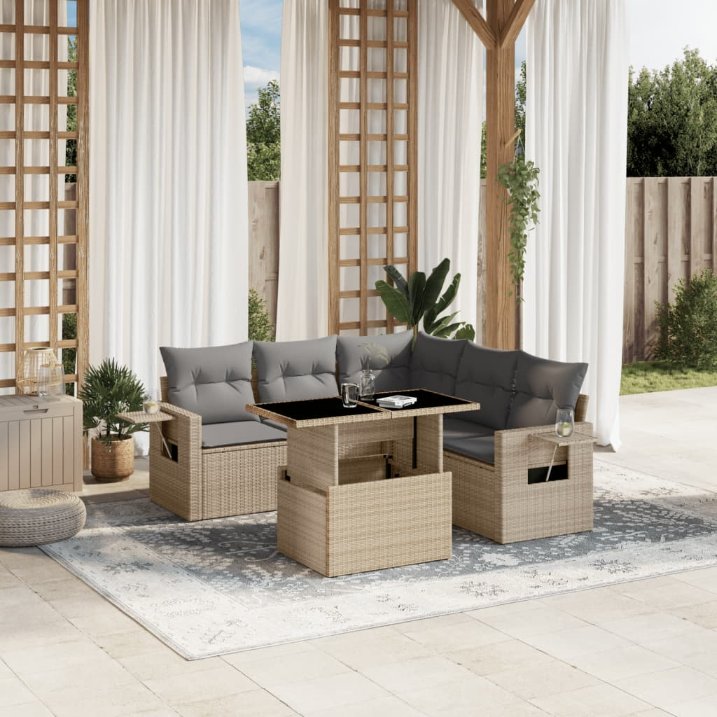 6-tlg. Garten-Sofagarnitur mit Kissen Schwarz Poly Rattan