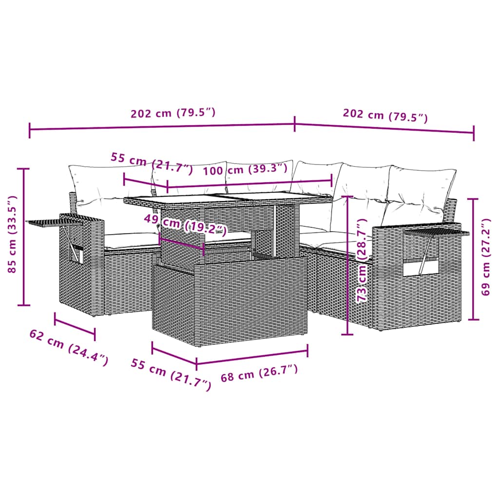 6-teiliges Gartensofa-Set mit Kissen, schwarzes Polyrattan