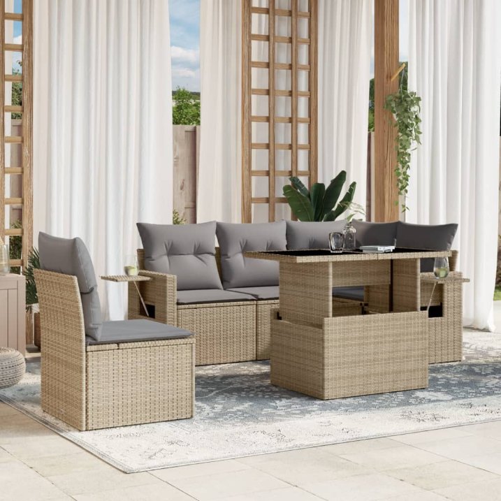 6-tlg. Garten-Sofagarnitur mit Kissen Schwarz Poly Rattan
