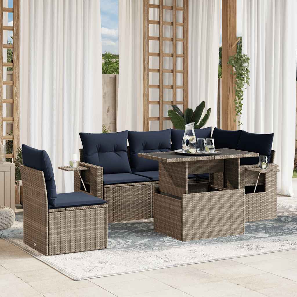 6-teiliges Gartensofa-Set mit Kissen, schwarzes Polyrattan