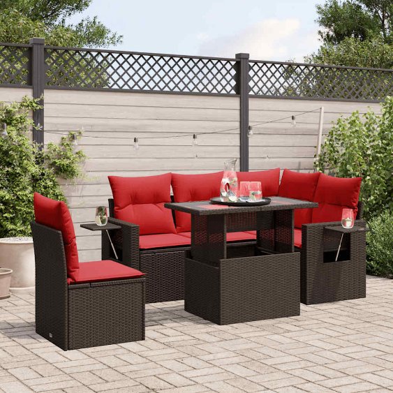 6-teiliges Gartensofa-Set mit Kissen, schwarzes Polyrattan