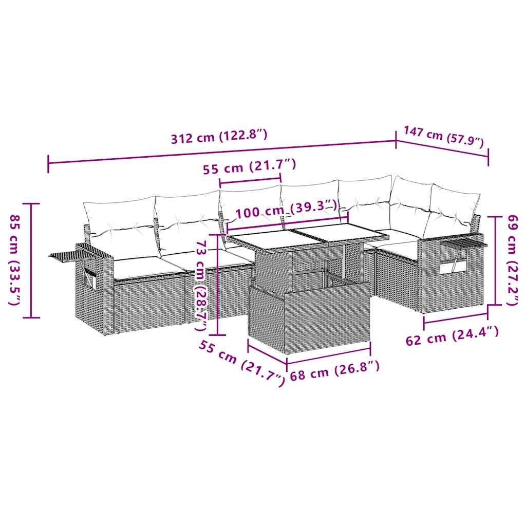7-teiliges Gartensofa-Set mit Kissen, schwarzes Polyrattan