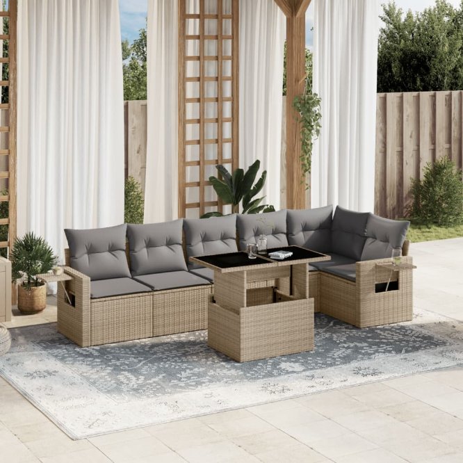 7-tlg. Garten-Sofagarnitur mit Kissen Schwarz Poly Rattan