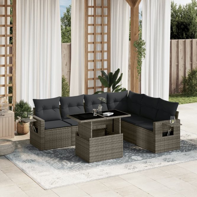 7-tlg. Garten-Sofagarnitur mit Kissen Schwarz Poly Rattan