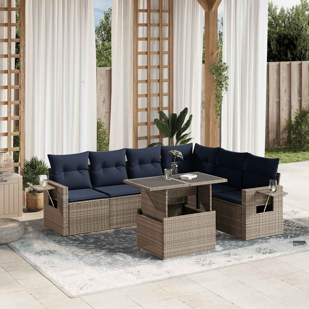 7-teiliges Gartensofa-Set mit Kissen, schwarzes Polyrattan