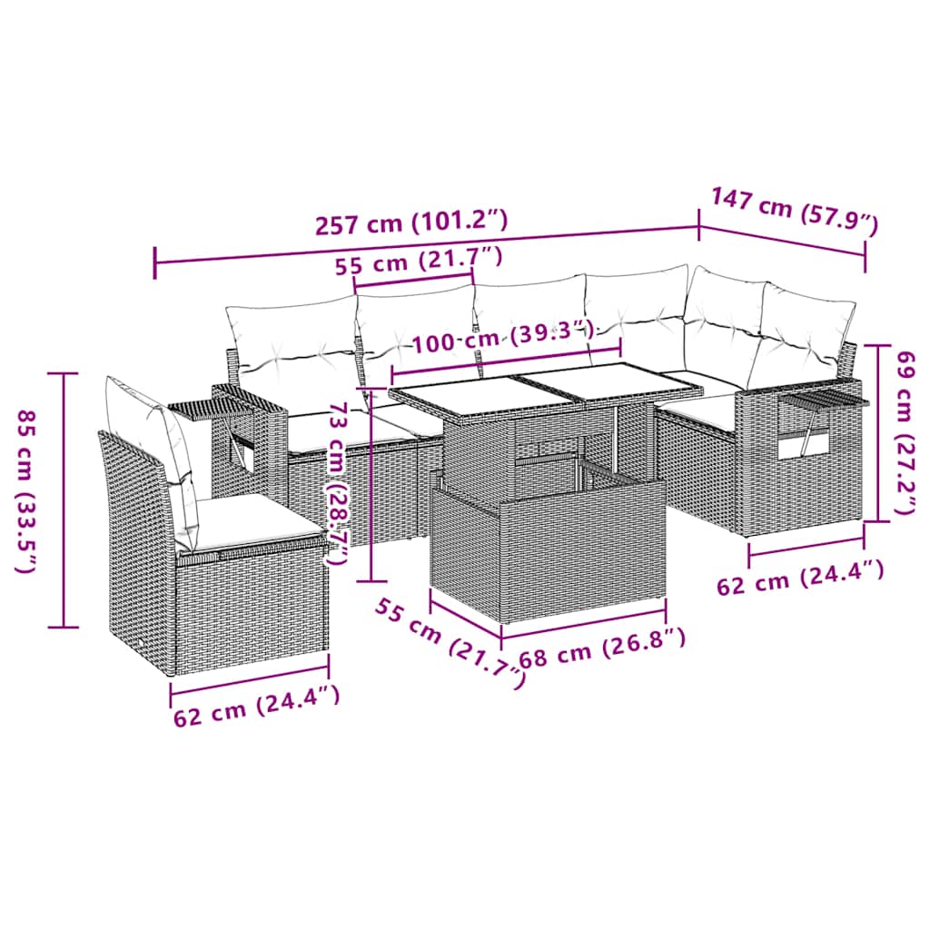 7-teiliges Gartensofa-Set mit Kissen, schwarzes Polyrattan