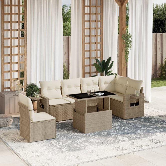 7-tlg. Garten-Sofagarnitur mit Kissen Schwarz Poly Rattan