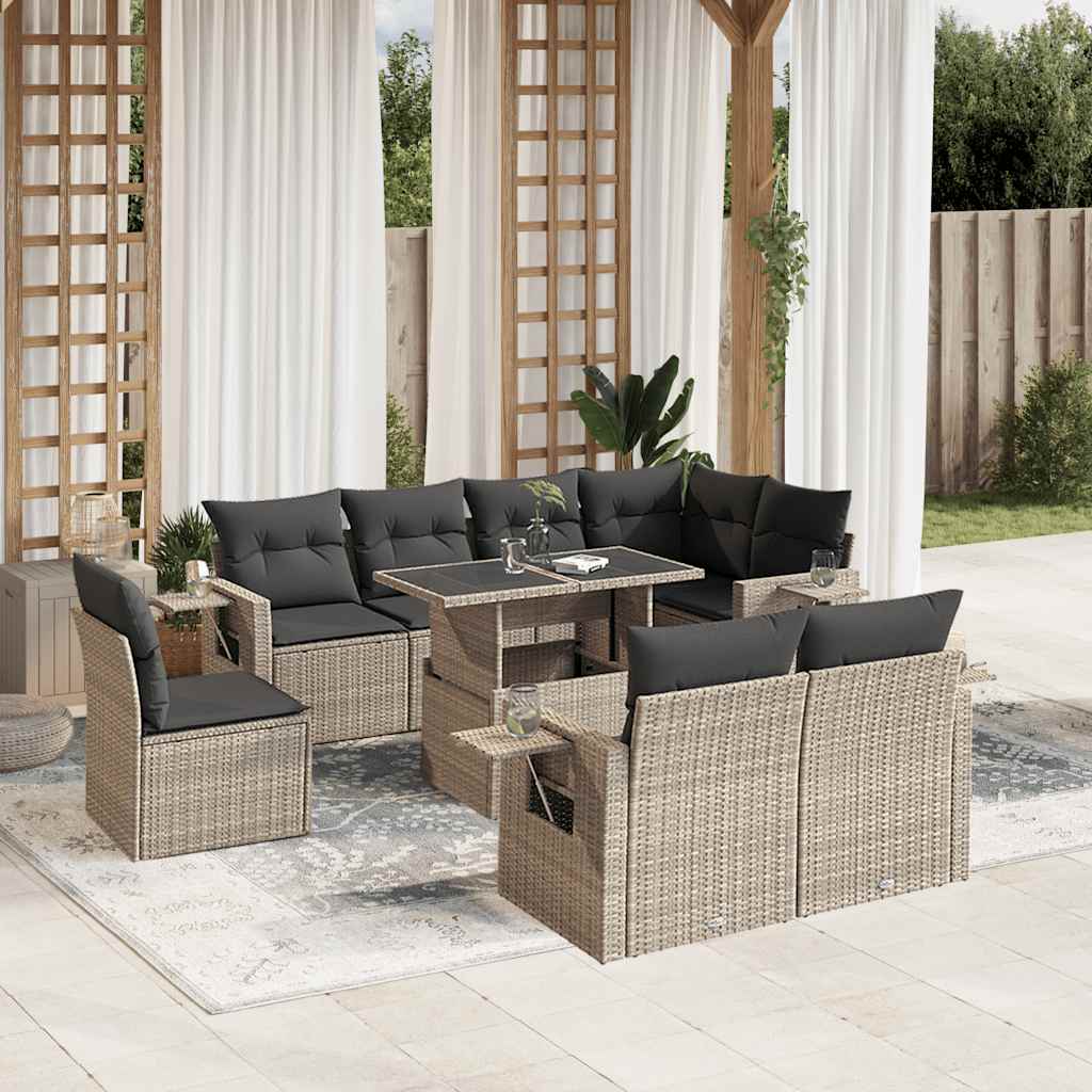 9-tlg. Garten-Sofagarnitur mit Kissen Schwarz Poly Rattan