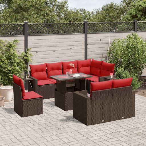 9-teiliges Gartensofa-Set mit Kissen, schwarzes Polyrattan