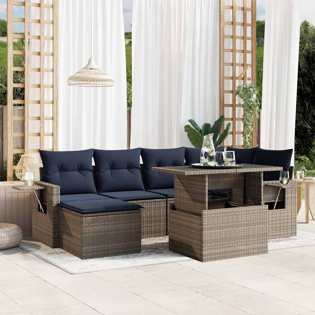 7-teiliges Gartensofa-Set mit Kissen, schwarzes Polyrattan
