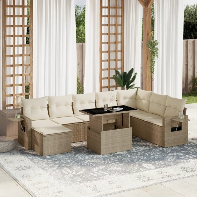 9-tlg. Garten-Sofagarnitur mit Kissen Schwarz Poly Rattan