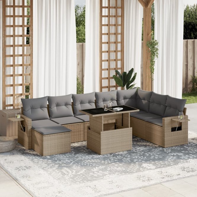 9-tlg. Garten-Sofagarnitur mit Kissen Schwarz Poly Rattan