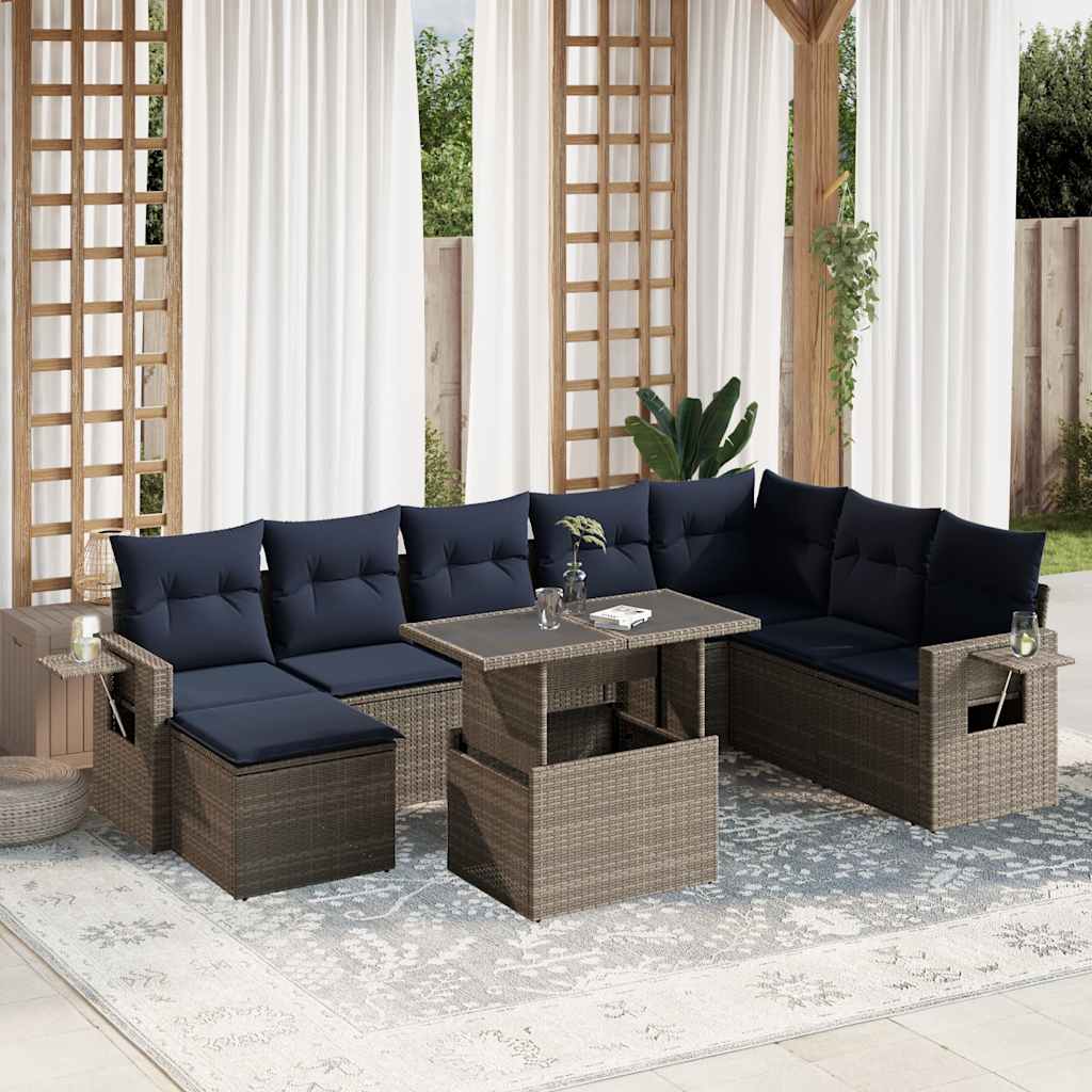 9-teiliges Gartensofa-Set mit Kissen, schwarzes Polyrattan