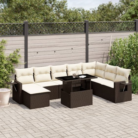 9-tlg. Garten-Sofagarnitur mit Kissen Schwarz Poly Rattan