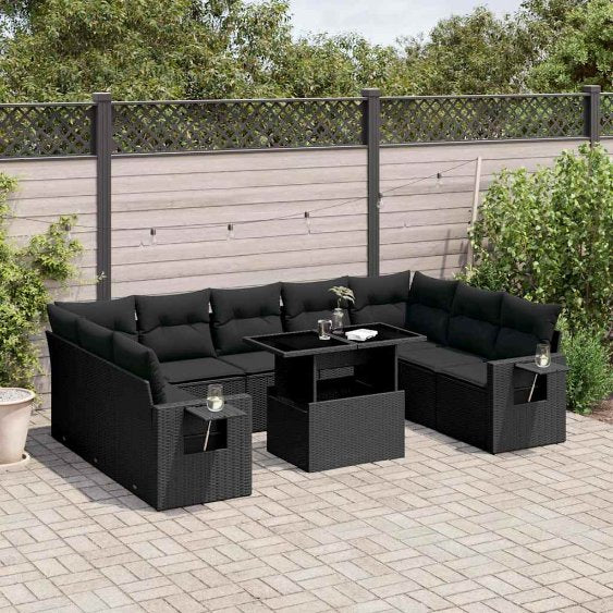 vidaXL 10-tlg. Garten-Sofagarnitur mit Kissen Schwarz Poly Rattan