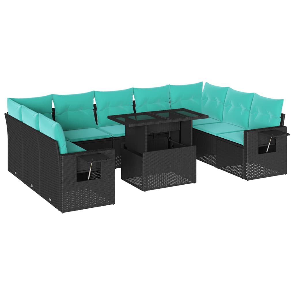 vidaXL 10-teiliges Gartensofa-Set mit Kissen, schwarzes Polyrattan