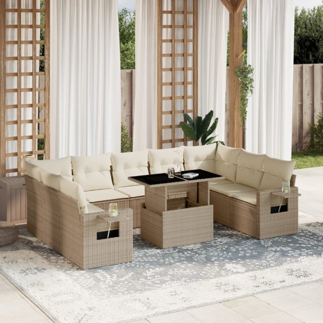 vidaXL 10-tlg. Garten-Sofagarnitur mit Kissen Schwarz Poly Rattan