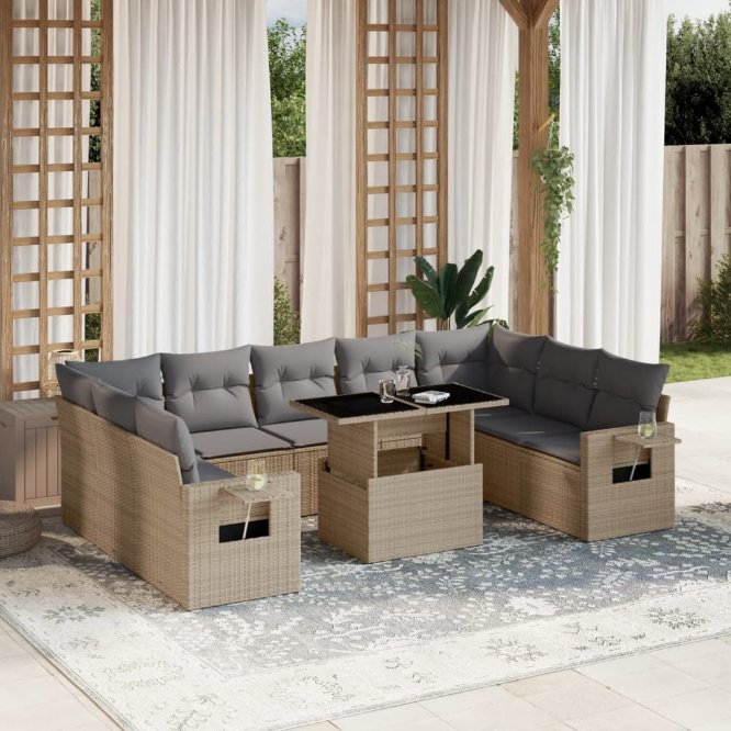 vidaXL 10-tlg. Garten-Sofagarnitur mit Kissen Schwarz Poly Rattan