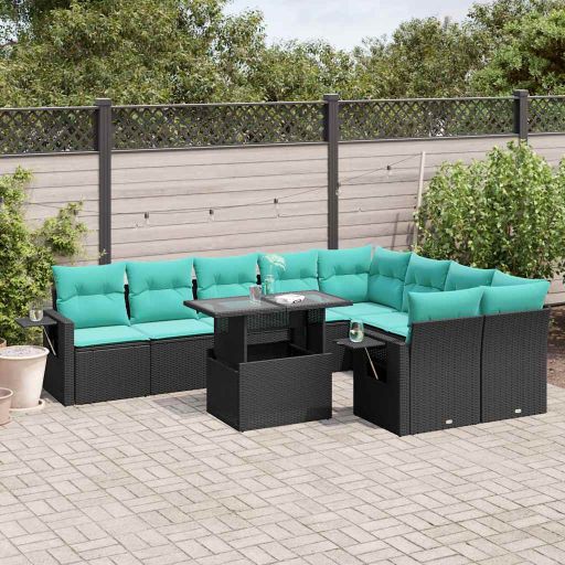 vidaXL 10-teiliges Gartensofa-Set mit Kissen, schwarzes Polyrattan