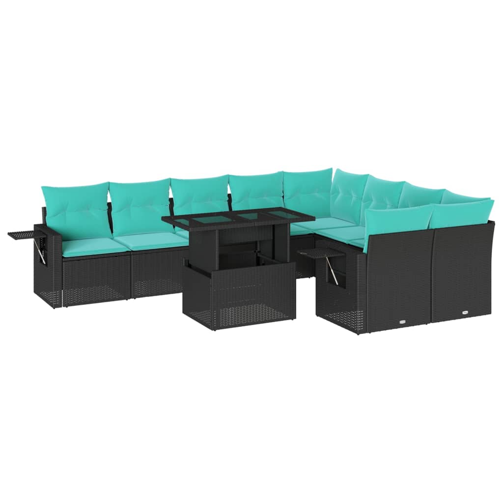 vidaXL 10-teiliges Gartensofa-Set mit Kissen, schwarzes Polyrattan