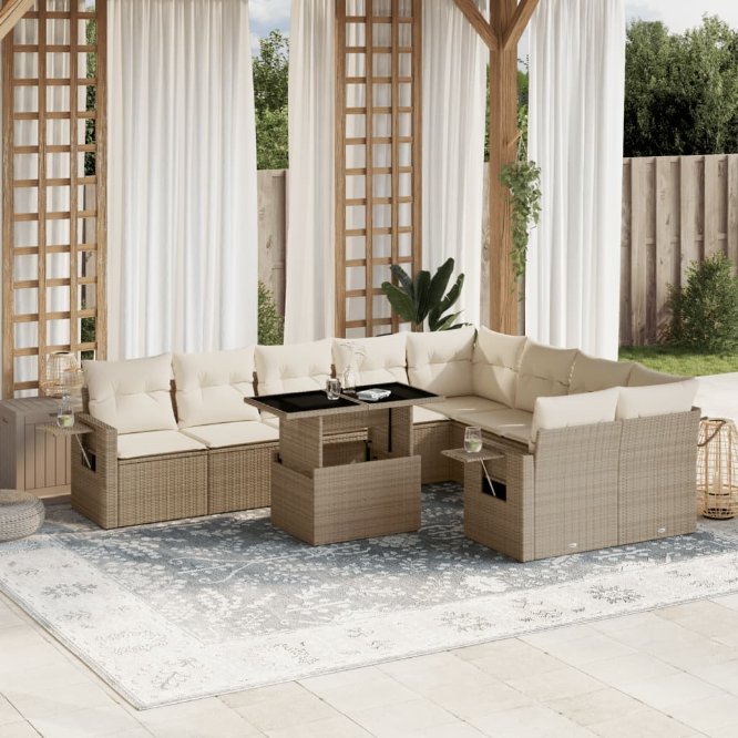 vidaXL 10-tlg. Garten-Sofagarnitur mit Kissen Schwarz Poly Rattan