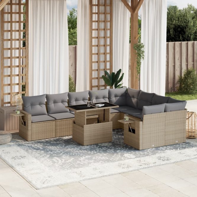 vidaXL 10-tlg. Garten-Sofagarnitur mit Kissen Schwarz Poly Rattan