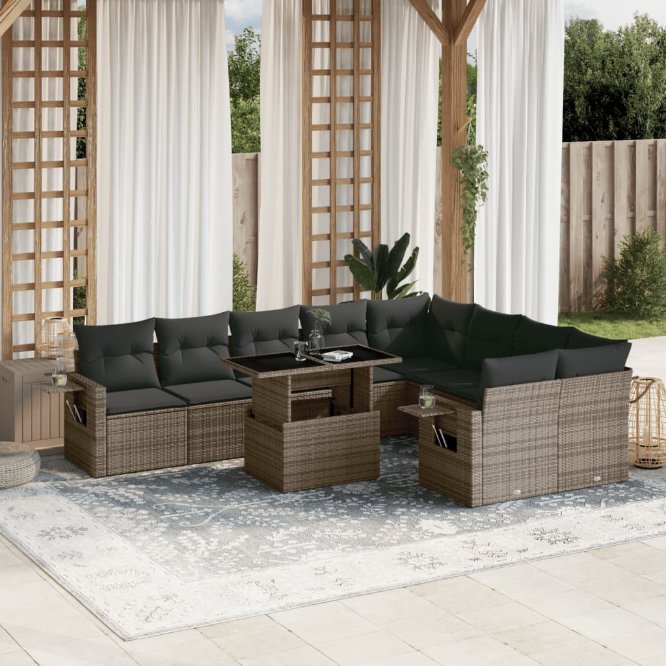 vidaXL 10-tlg. Garten-Sofagarnitur mit Kissen Schwarz Poly Rattan