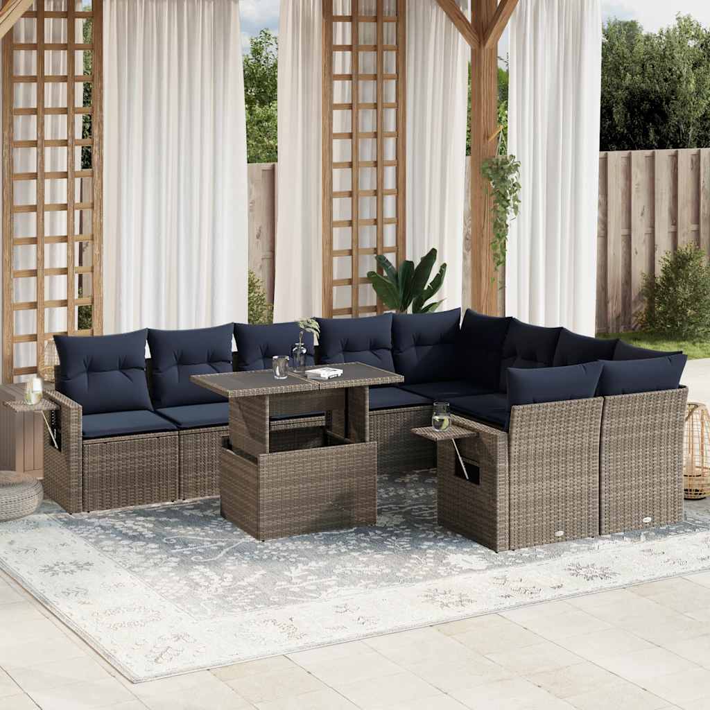 vidaXL 10-teiliges Gartensofa-Set mit Kissen, schwarzes Polyrattan