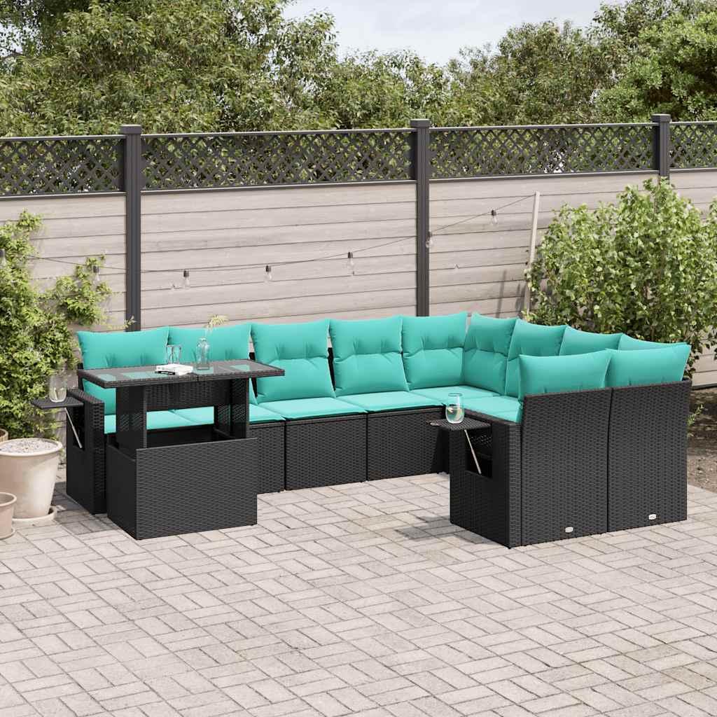 vidaXL 10-teiliges Gartensofa-Set mit Kissen, schwarzes Polyrattan