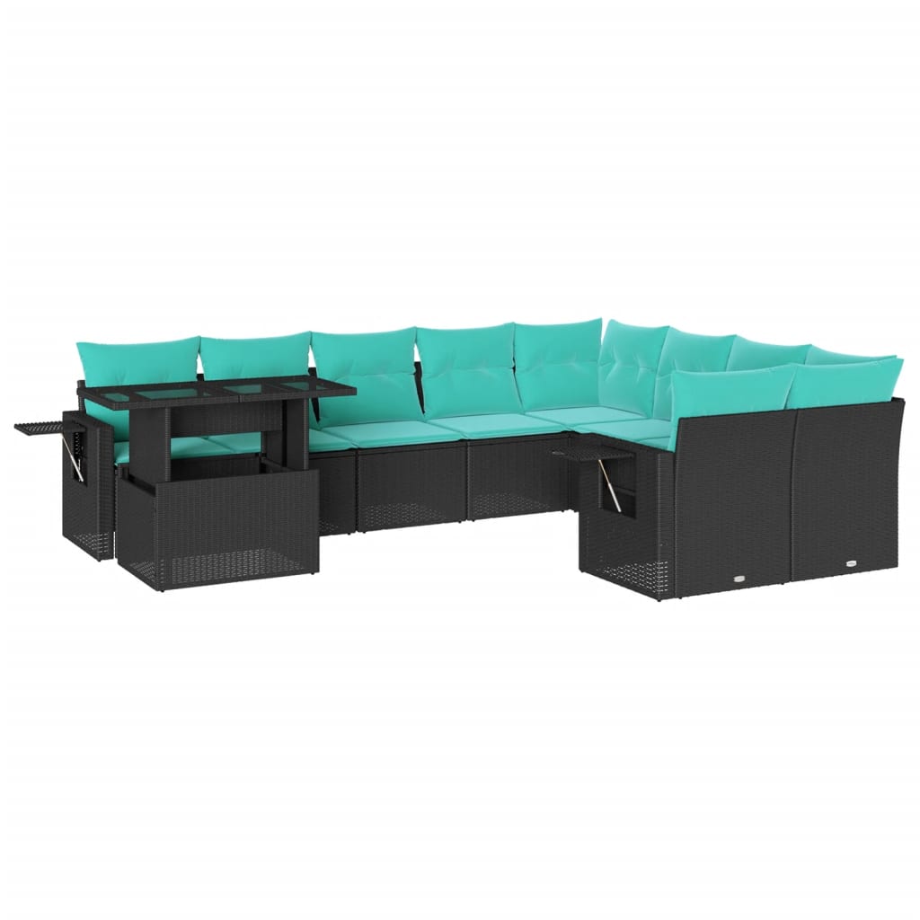 vidaXL 10-teiliges Gartensofa-Set mit Kissen, schwarzes Polyrattan