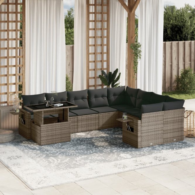 vidaXL 10-tlg. Garten-Sofagarnitur mit Kissen Schwarz Poly Rattan