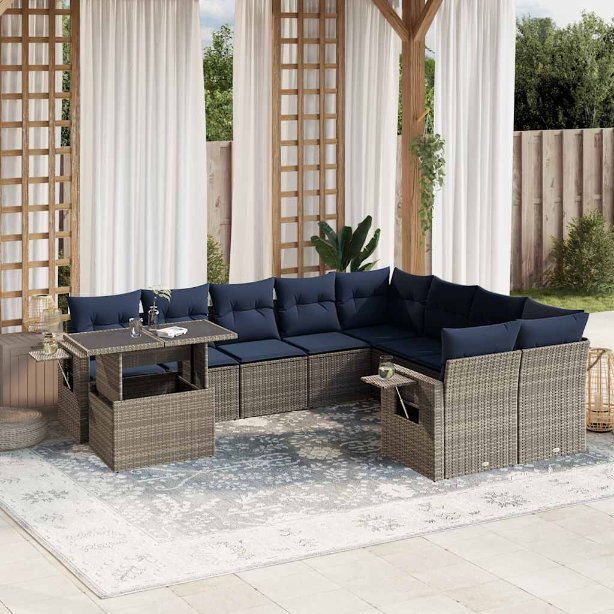 vidaXL 10-teiliges Gartensofa-Set mit Kissen, schwarzes Polyrattan