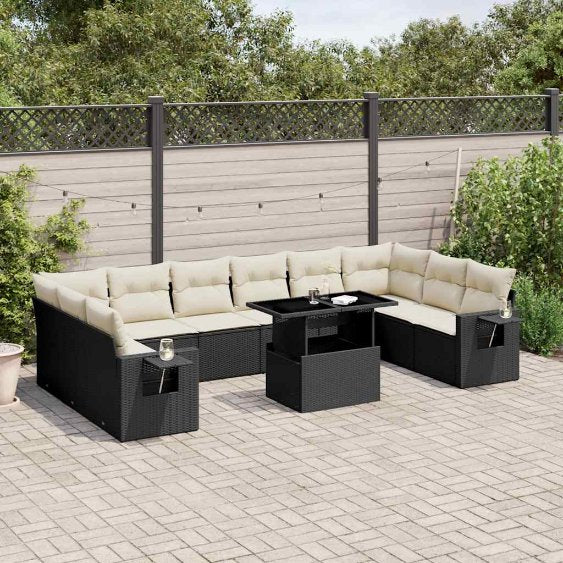 vidaXL 11-tlg. Garten-Sofagarnitur mit Kissen Schwarz Poly Rattan