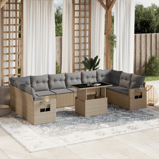 vidaXL 11-tlg. Garten-Sofagarnitur mit Kissen Schwarz Poly Rattan