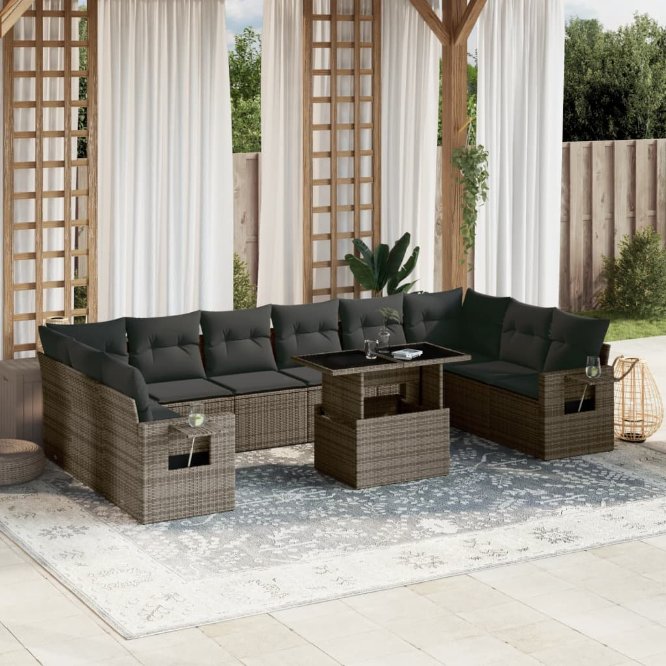 vidaXL 11-tlg. Garten-Sofagarnitur mit Kissen Schwarz Poly Rattan