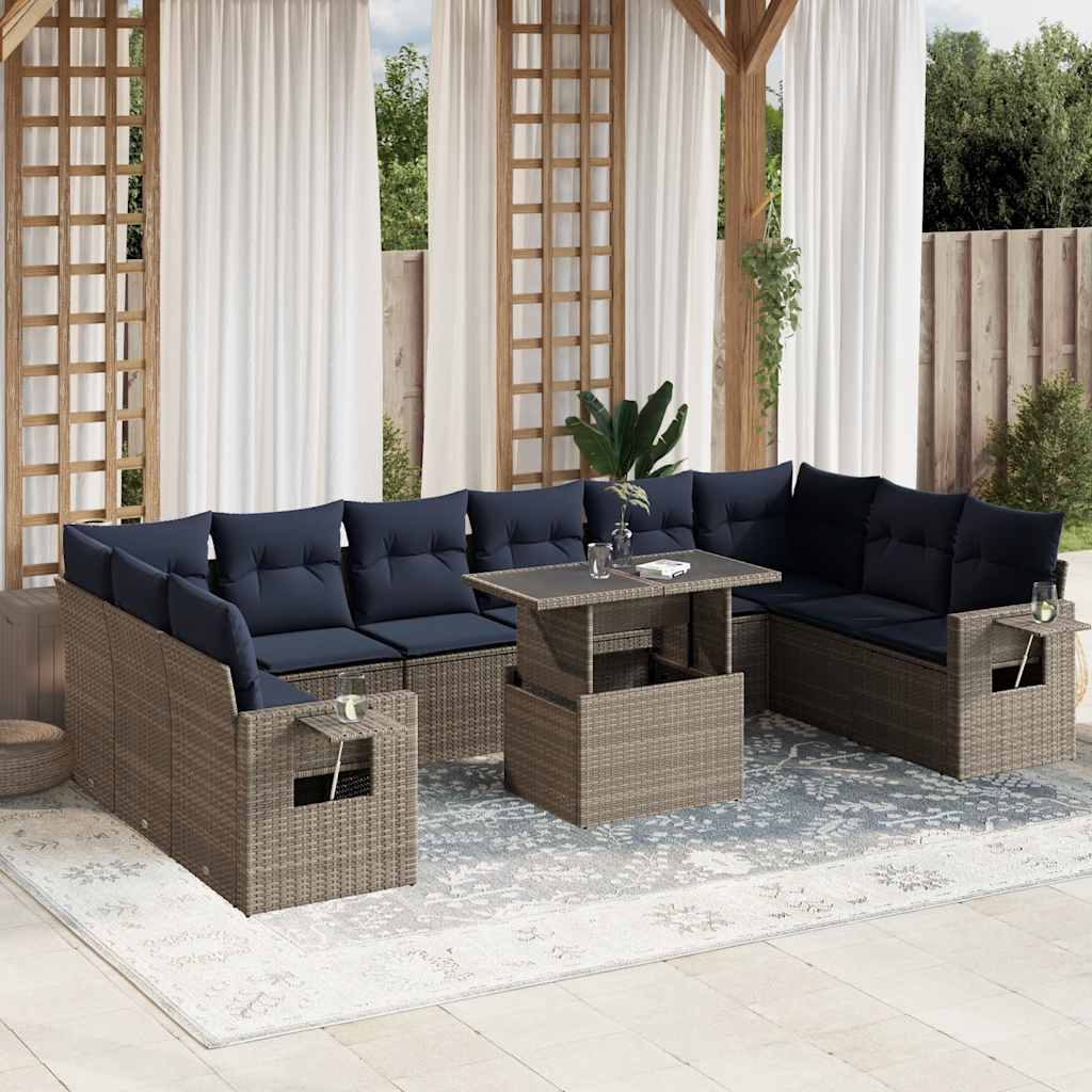 vidaXL 11-teiliges Gartensofa-Set mit Kissen, schwarzes Polyrattan