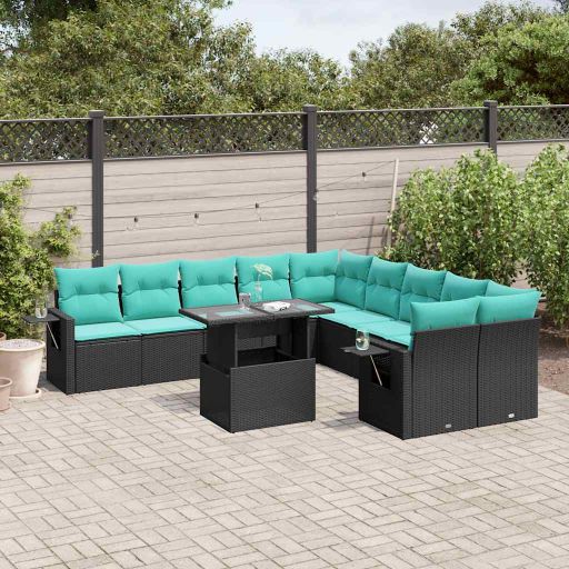 vidaXL 11-teiliges Gartensofa-Set mit Kissen, schwarzes Polyrattan