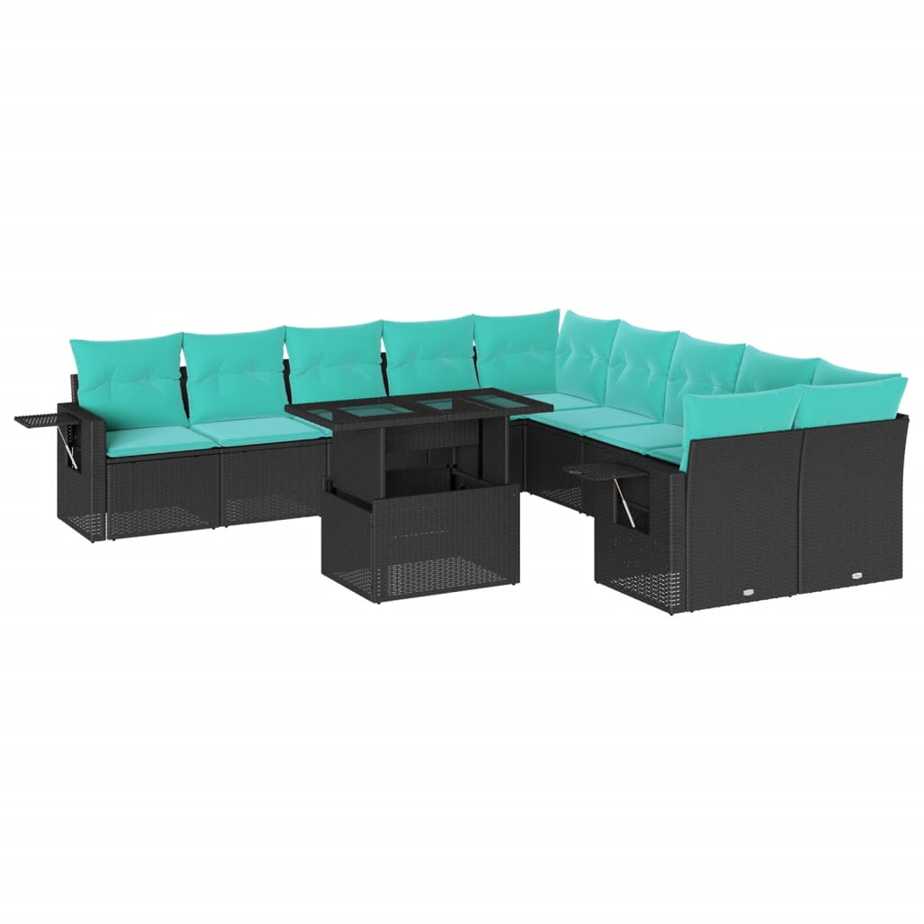 vidaXL 11-teiliges Gartensofa-Set mit Kissen, schwarzes Polyrattan