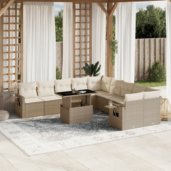 vidaXL 11-tlg. Garten-Sofagarnitur mit Kissen Schwarz Poly Rattan