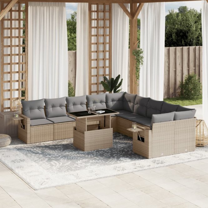 vidaXL 11-tlg. Garten-Sofagarnitur mit Kissen Schwarz Poly Rattan