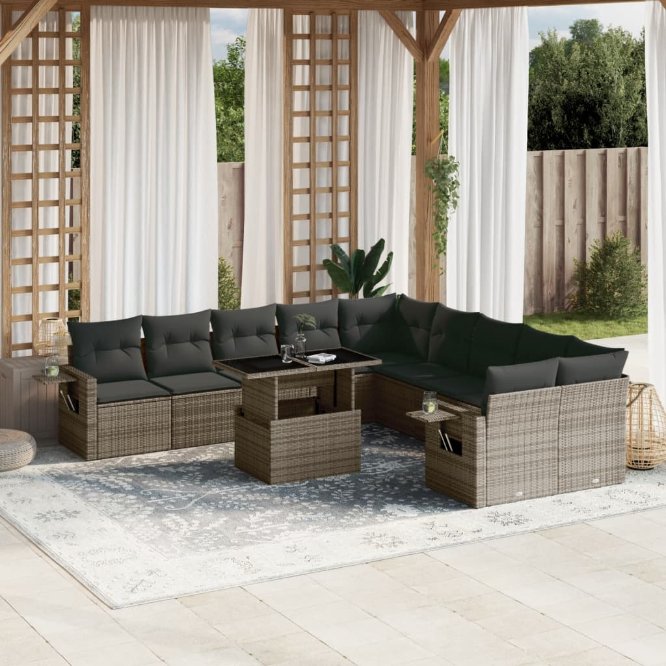 vidaXL 11-tlg. Garten-Sofagarnitur mit Kissen Schwarz Poly Rattan