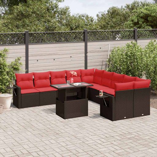 vidaXL 11-teiliges Gartensofa-Set mit Kissen, schwarzes Polyrattan